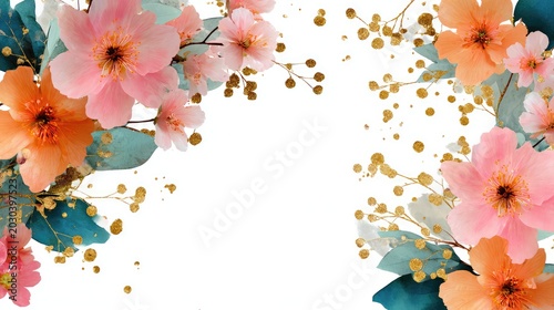 Elegant Floral Background with Pink and Orange Blossoms, Green Leaves, and Gold Accents for Weddings, Celebrations, Invitations, or Artistic Projects