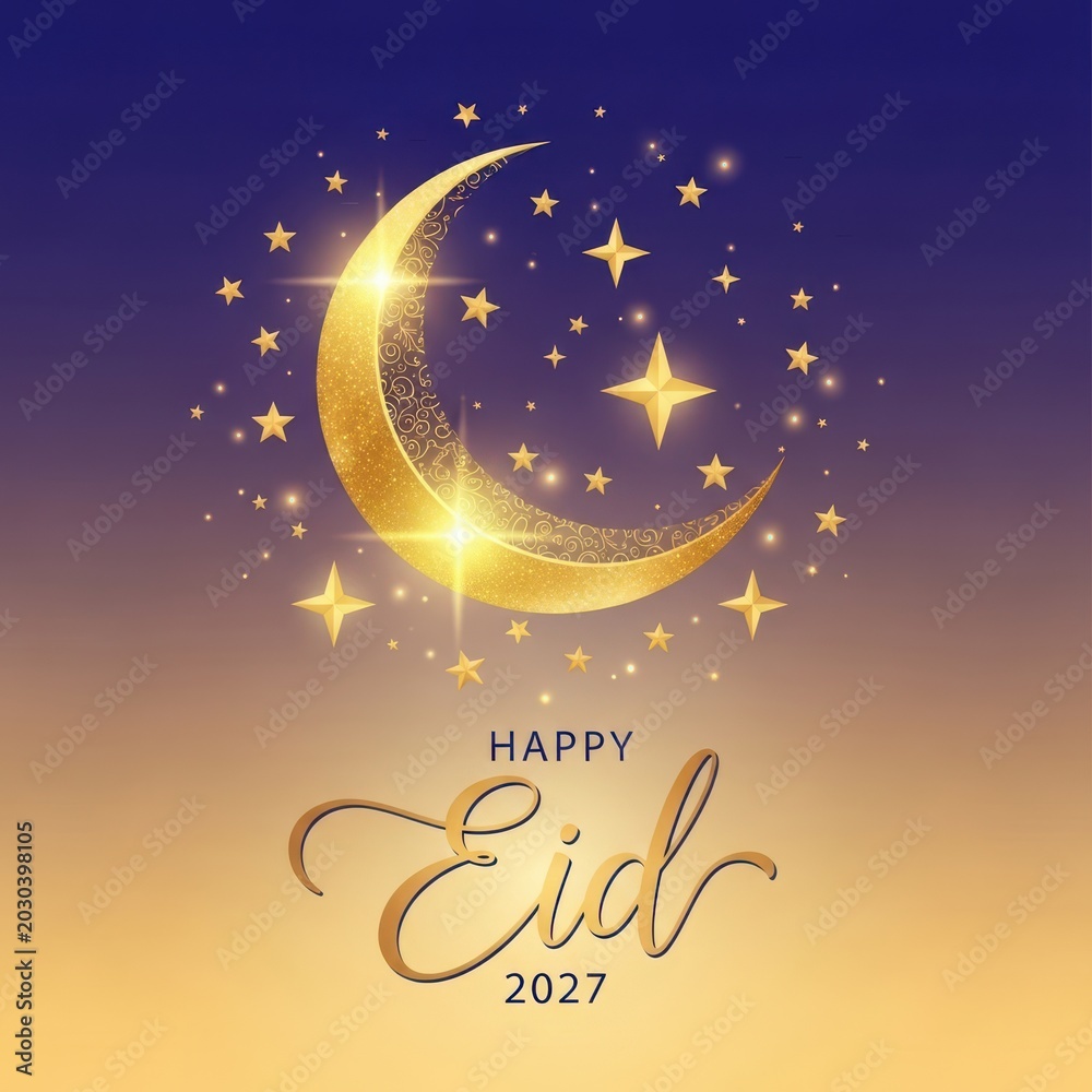 Naklejka premium A vibrant illustration of a crescent moon and stars celebrating eid in 2027
