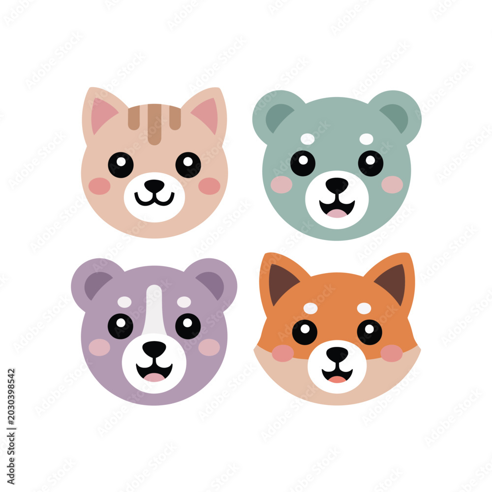 Fototapeta premium Pet Face Badges, Cat Bear Raccoon And Fox Circles, Cute Colorful Flat Style, Sticker Pack Icon Set, Flat Vector Icons