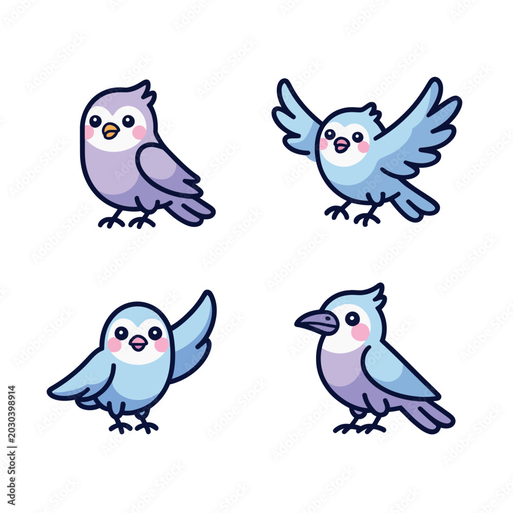 Fototapeta premium Songbird Friends Set, Blue Birds Perched And Flying, Adorable Feathers, Cute Modern Style, Flat Vector Icons, Sticker Pack Clipart Collection