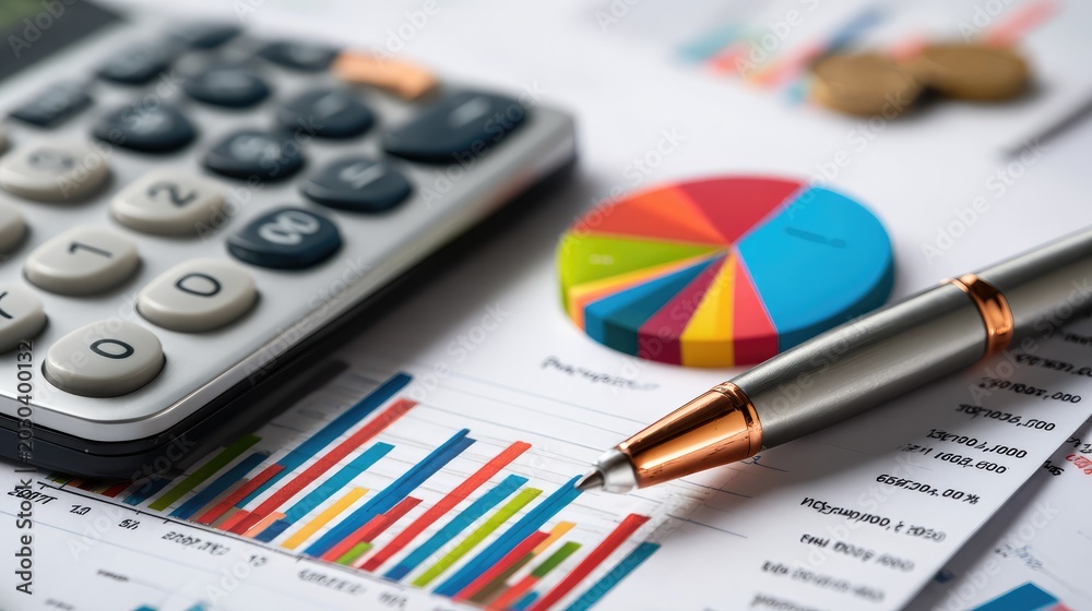 Fototapeta premium Colorful Financial Data Analysis with Calculator, Pie Chart, Coins, and Business Pen on Graph Paper for Economic Insights and Decision Making