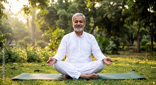 Senior Indian man meditating outdoors in green park for yoga mindfulness wellness retirement lifestyle and inner peace