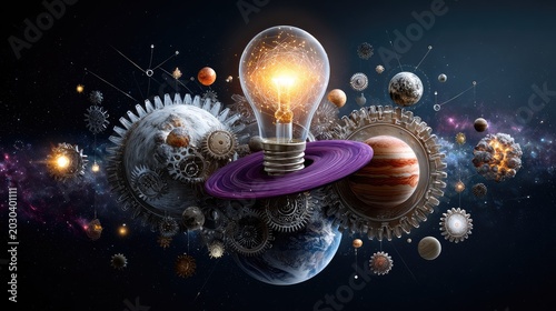 Creative representation of light bulb merging with planets, gears, and stars to symbolize innovative ideas and exploration in the vastness of the universe