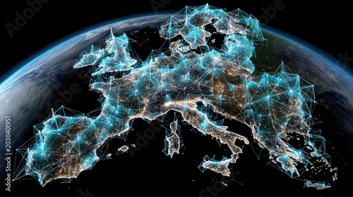 Digital Connections Across Europe: A Futuristic Representation of Network Infrastructure, Data Flow, and Technological Advancement Across the Continent
