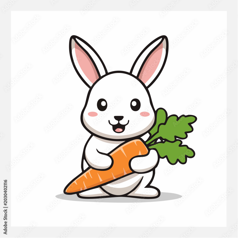 Obraz premium Cute cartoon white rabbit holding a carrot
