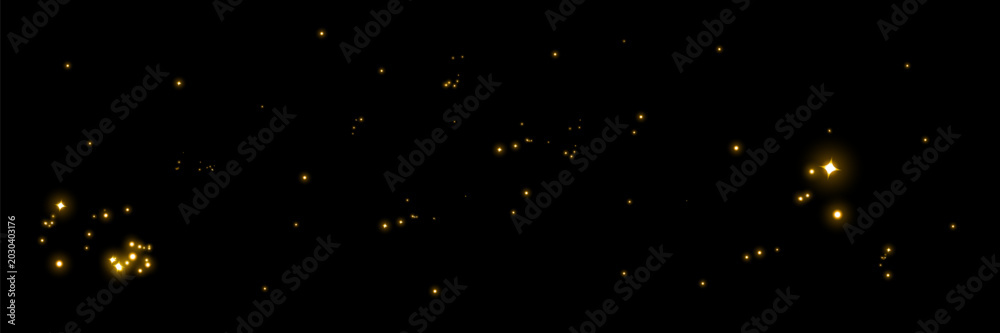 Fototapeta premium Bright golden shimmer trail with sparkling stardust glow, abstract festive magic particles, glittering wave effect and transparent holiday background
