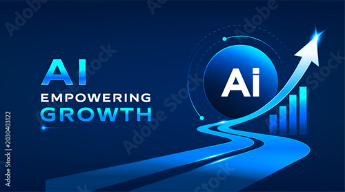 Photos AI empowering growth technology vector banner with futuristic arrow and business graph on dark blue background