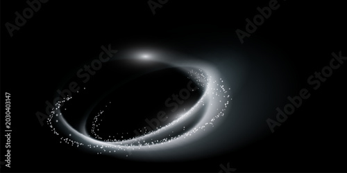 Magical light effect. Rotating luminous ellipses. Dynamic white rings on black background.