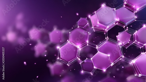 Abstract molecular structure design showcasing interconnected hexagons in vibrant shades of purple with glowing accents, representing scientific innovation and technology.