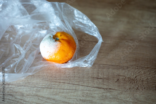 Billede på lærred Moldy mandarin in a plastic bag highlighting spoiled food, improper fruit storage and health risks caused by mold