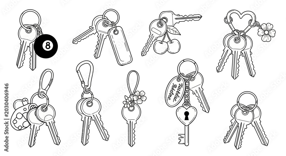 Obraz premium Keychain icons, keychains, keys, vector illustrations, 9 key sets, black and white, line art, minimalist design, decorative keys