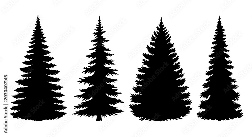 Fototapeta premium Black Pine Tree Silhouettes, Forest Icons, Evergreen Trees, Nature Symbols, Vector Graphics