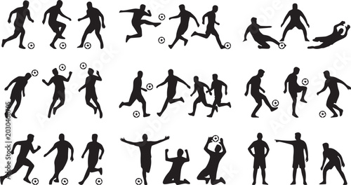 Schilderij op canvas Soccer player silhouette collection featuring football action poses dribbling sk