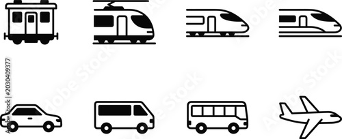 Quadro em tela Collection of simple line icons representing transportation modes including trai