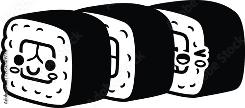 Fotografía Cute kawaii maki sushi rolls black and white cartoon characters vector
