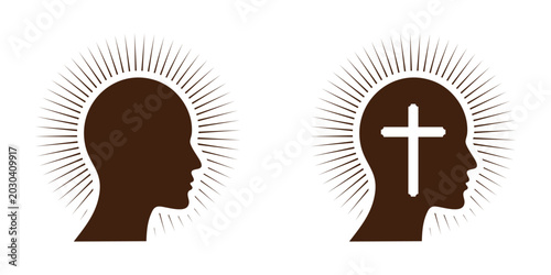 Foto Christian Mind Transformation Concept with Cross Inside Human Head Silhouette Ve