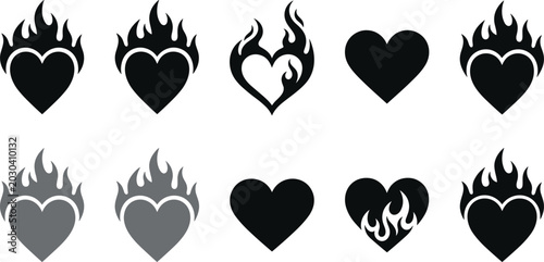 Foto Collection of flaming hearts and solid hearts on a white background representing
