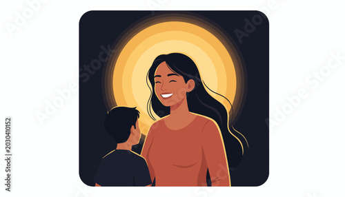 Tableau sur toile Happy family, mother, son, smiling, illustration, vector, warm colors, sunny bac