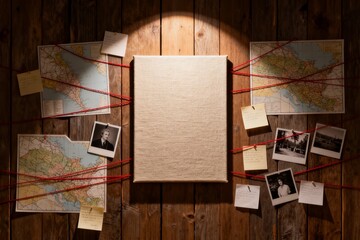 Wooden table with maps photos and notes