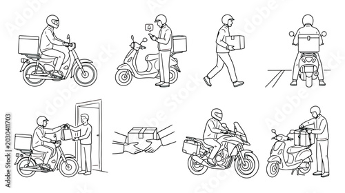 Fotografie Minimalist delivery service line art icons, courier on motorcycle and scooter ve