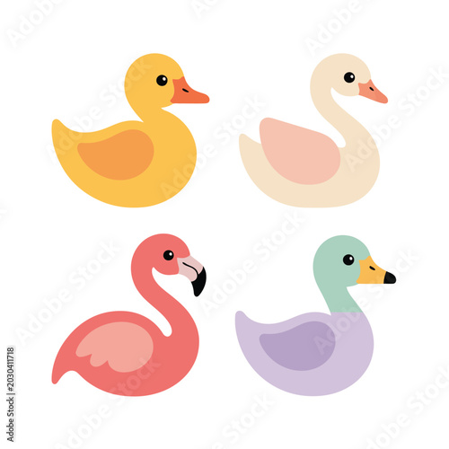Schilderij op canvas Waterfowl Birds Collection, Duck And Swan Characters In Hues, Cute Style, Sticke