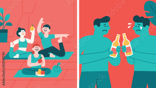 Quadro su tela Illustration Of Healthy Lifestyle Vs Addiction Split Vector Design Template