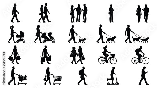 Tableau sur toile Black silhouettes of people walking and cycling, set of urban pedestrian figures
