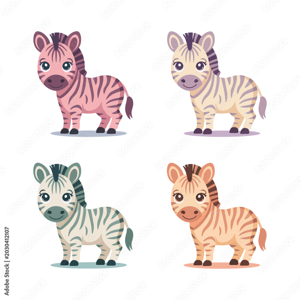 Obraz premium Safari Zebra Foals Icon Set, Striped Baby Horses In Fun Colors, Cute Trendy Style, Sticker Pack, Flat Vector Icons, Clipart