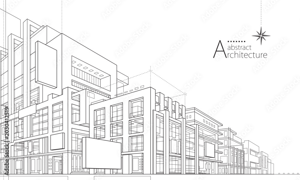 Obraz premium 3D abstract urban architecture outlined in black and white, showcasing imaginative construction and perspective.