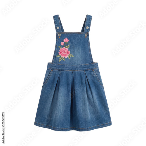 Denim overall dress for girls with floral embroidery isolated on transparent background