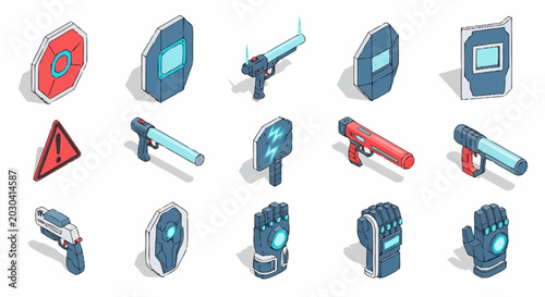 Cuadro en lienzo Collection of futuristic sci-fi weapons and shields.