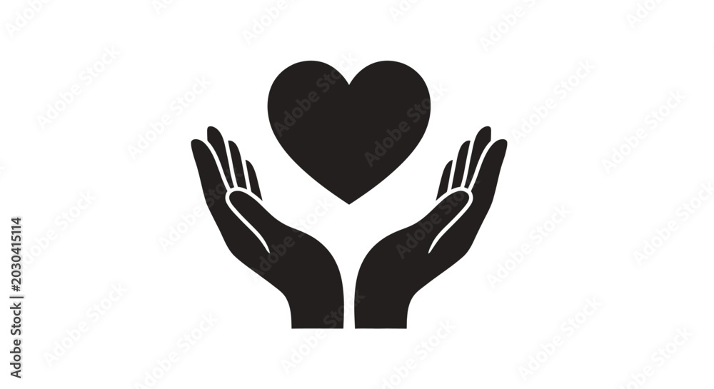 Fototapeta premium Hands cradling heart shape black silhouette on white background