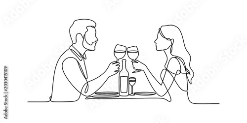 Tableau sur toile Couple celebrating with wine, continuous line art illustration