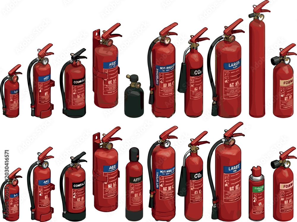 Obraz premium Red Fire Extinguisher Vector Set featuring Various Sizes of Compressed Gas Tanks Cylinders and Safety Equipment for Emergency Protection Emergency Prevention Designs