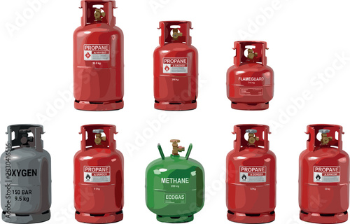 Bilde på lerret Industrial Gas Cylinder Vector Set featuring Red Propane Tanks Grey Oxygen Canis