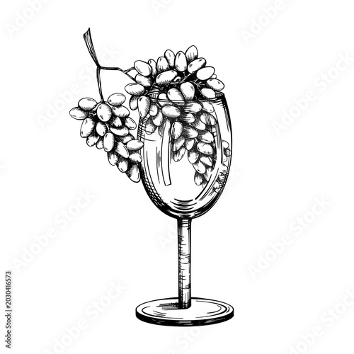 Tableau sur toile A black and white illustration of a wine glass with a bunch of grapes inside