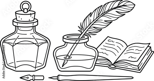Canvastavla Vintage inkwell with feather quill and open book, hand drawn retro writing stati