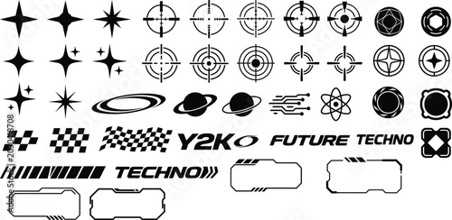 Y2K tech vector elements set, futuristic techno stickers and crosshair target icons isolated on white background