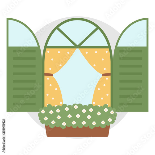 Illustration of open wooden window with flower box