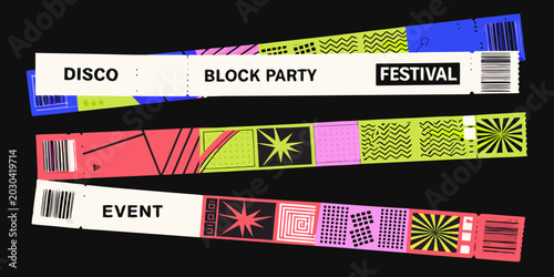 Photos ticket stubs with vibrant geometric patterns and text on black