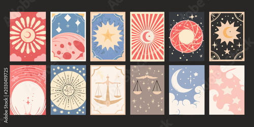 Schilderij op canvas tarot card set celestial themed illustrations on rectangular cards