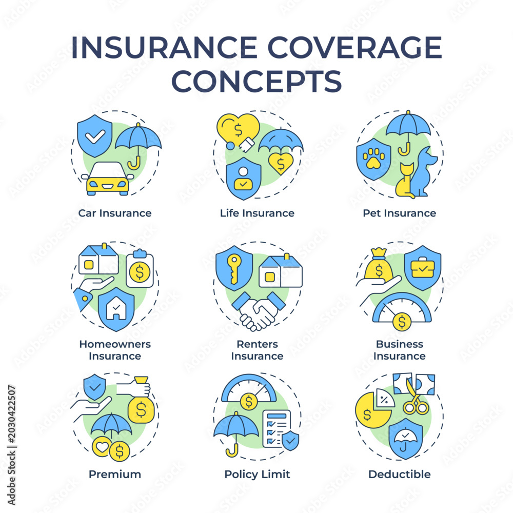 Fototapeta premium Insurance coverage multi color concept icons. Personal finance safety. Risk mitigation strategies. Icon pack. Vector images. Round shape illustrations for booklet, promotional material. Abstract idea