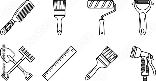 Bilde på lerret Collection of household and garden tools arranged in a grid for DIY projects and