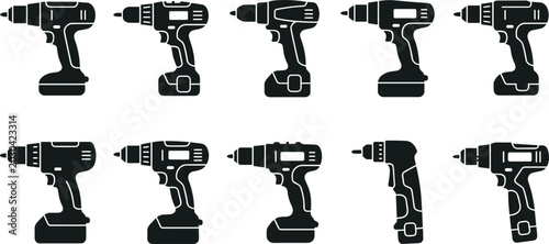 Fotografia Collection of cordless power drills in silhouette against a white background for