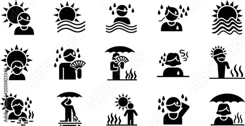 Canvas-taulu Extreme heatwave and hot summer weather glyph icon set with sweating people sun