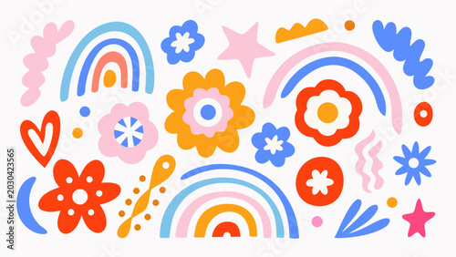 colorful abstract floral and rainbow pattern playful vector illustration