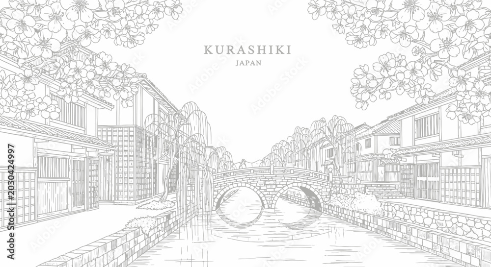Obraz premium A lineart drawing of the Kurashiki canal in Japan featuring a stone bridge willow trees and traditional architecture