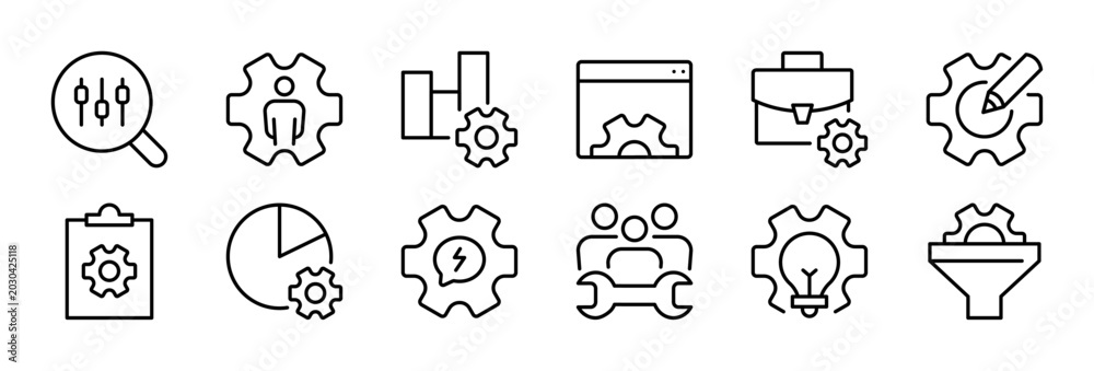Fototapeta premium Business Settings thin line icon set. Configuration, User Interface, Management, Control, Setup concept. Black outline vector gear icons collection.