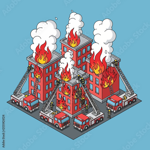 Canvas-taulu Firefighters battling a burning apartment complex.