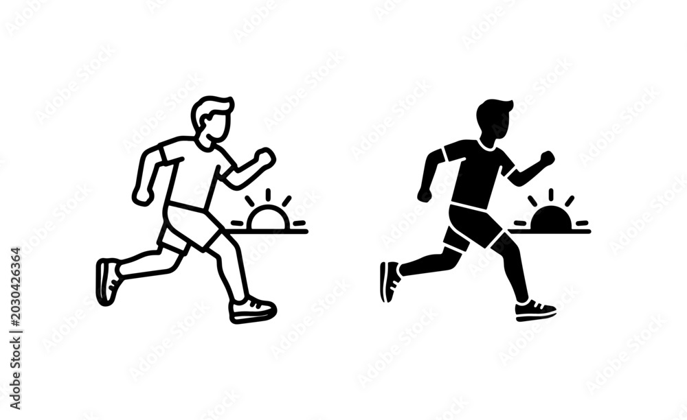 Fototapeta premium Running Man Icon Set, Silhouette Athlete, Sunrise Jogging Graphics